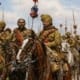 Bengaalse lansiers die terugkeren uit Port Arthur na de verovering van Neuve-Chapelle.