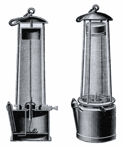 Oorspronkelijk ontwerp van een davylamp: een oliebrander met daarboven een fijnmazige gaaskap
